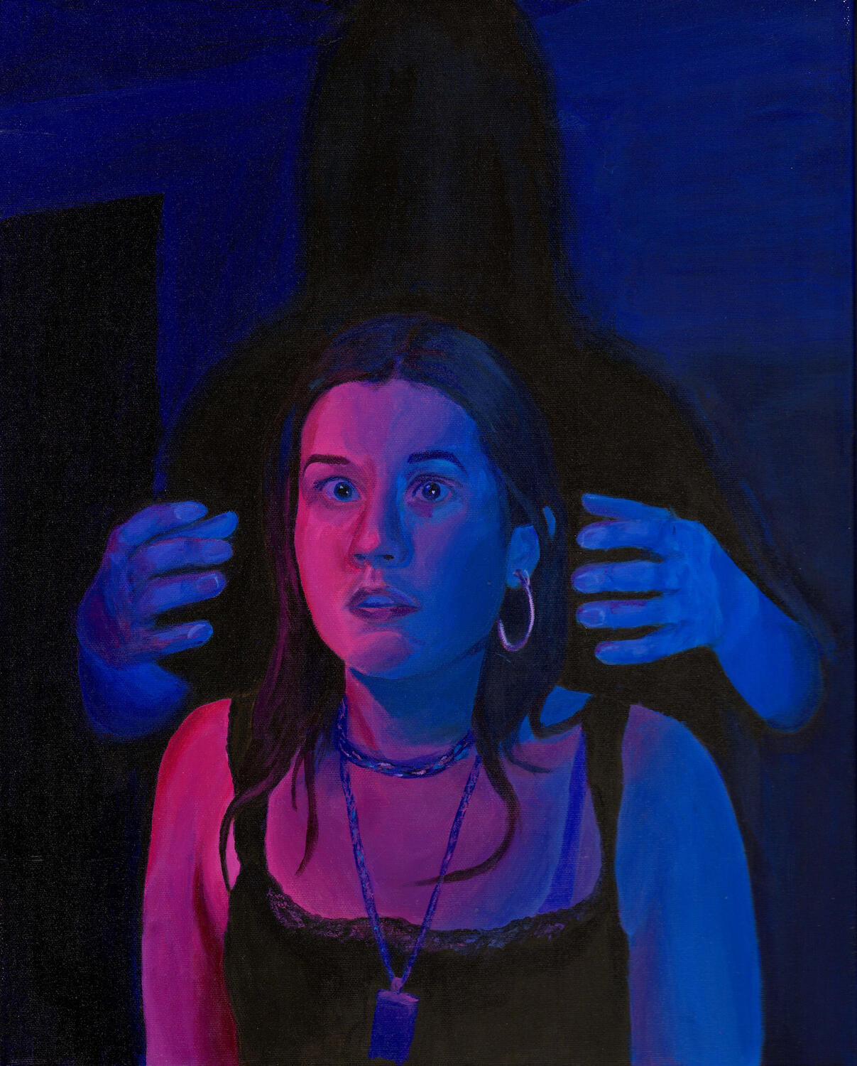 An interpretation of the Killer's song "Midnight Show," depicting the murder that takes place. 16x20 inches, acrylic on canvas.