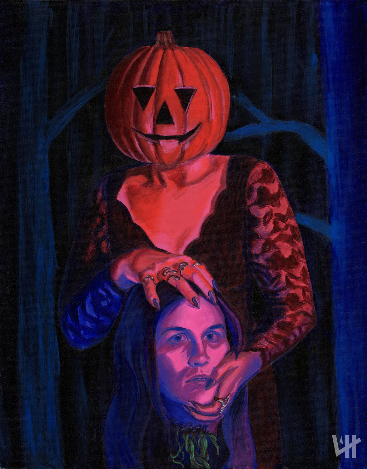 A self portrait depicting the tumultuous relationship between the artist and her art, who is controlling who? 16x20 inches, acrylic on canvas.