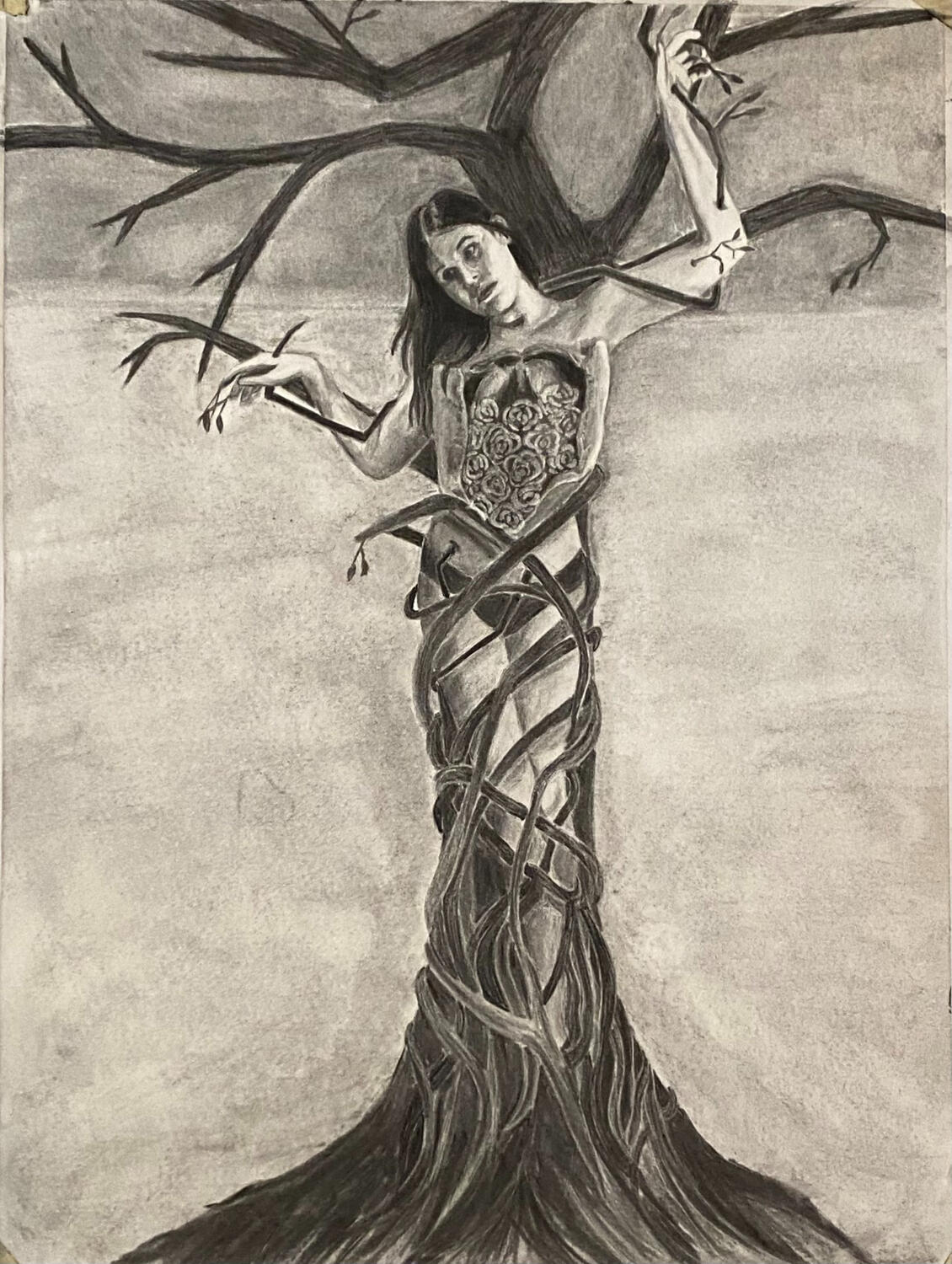 An interpretation of the Hannibal episode "Futamono," with a reimagining of the murder victim as the artist. 16x20 inches, charcoal on drawing paper.