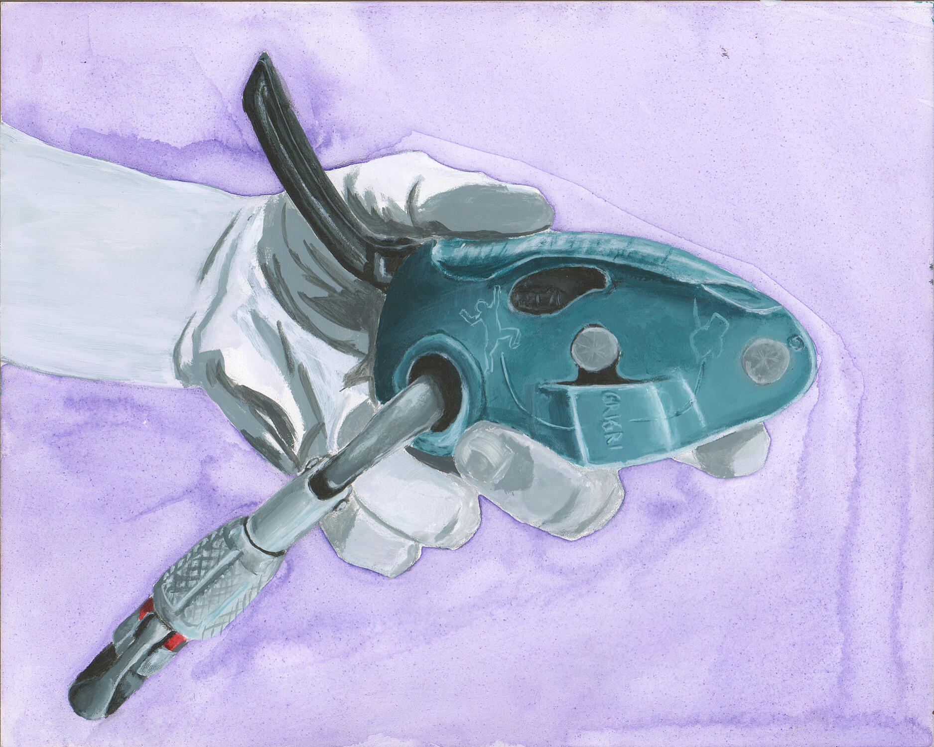 Part of a climbing series depicting the tension between the hand and the equipment, this time featuring a GriGri belay device. 10x8 inches, acrylic paint and acrylic ink on gesso board.