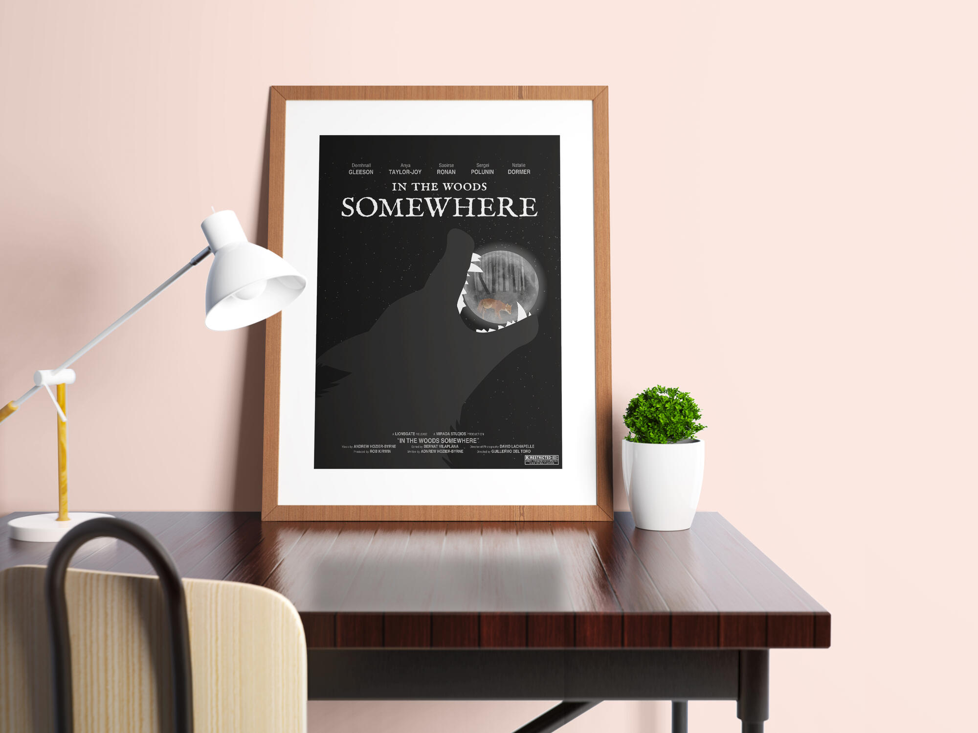 An interpretation of Hozier's song "In the Woods Somewhere" as a movie poster, done in the style of the minimalist 2010s horror posters. Created in Adobe Illustrator.